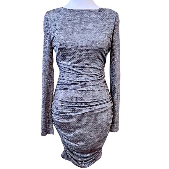 Silver Metallic Ruched Super Sexy Cocktail Dress Size 2 Glam Chic Old Money - Picture 2 of 8